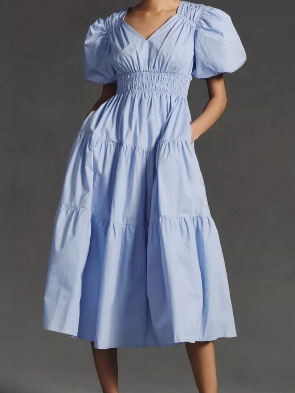 Moon River Light Blue Puff-Sleeve Tiered Midi Dress